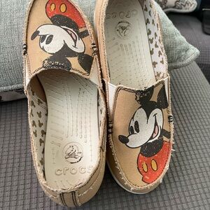 CROCS Tan and Black Moccasin Shoes with Mickey Mouse Design